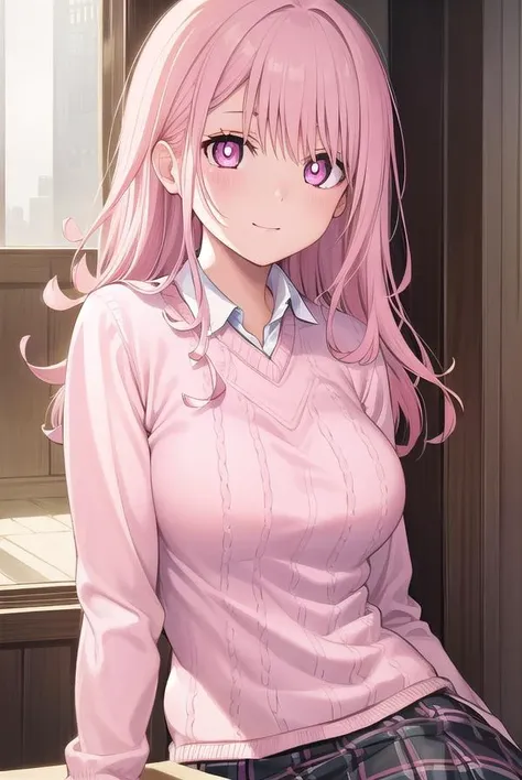monakawai, <lora:mona kawai manga-lora-nochekaiser:1>,
mona kawai, long hair, pink hair, (pink eyes:1.5), (bright pupils:1.5), smile,
BREAK skirt, plaid, plaid skirt, sweater, long sleeves, shirt, (white shirt:1.5), collared shirt, (pink sweater:1.5),
BREAK indoors, classroom,
BREAK looking at viewer, (cowboy shot:1.5),
BREAK <lyco:GoodHands-beta2:1>, (masterpiece:1.2), best quality, high resolution, unity 8k wallpaper, (illustration:0.8), (beautiful detailed eyes:1.6), extremely detailed face, perfect lighting, extremely detailed CG, (perfect hands, perfect anatomy),