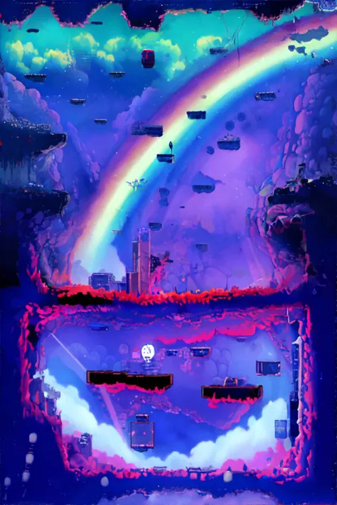 <lora:2dplatformbackground:1.00>, hkmap, 2D, pixel art, heavens, clouds, rainbow || pixel art, masterpiece, 8k, high resolution, shallow depth of field, sharp focus