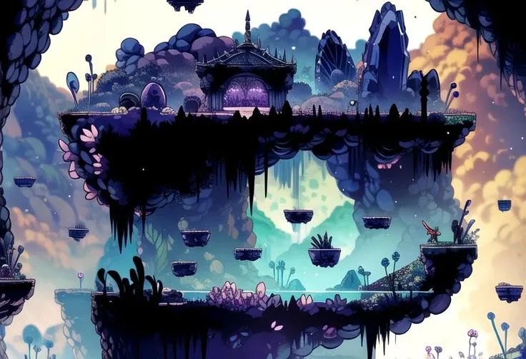 <lora:HKMap_LoRA-000009:0.8>, ((hkmap, 2d, pixel art)), landscape, crystals, cave, amethyst