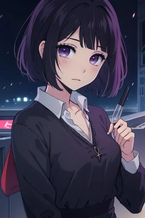 masterpiece, best quality, wallpaper, 1girl, solo, looking at viewer, upper body, depth of field, ligne claire, , <lora:hanabi_yasuraoka:0.74>, hanabi_yasuraoka, black hair, purple eyes, gothic costume, science fiction transhumanism,