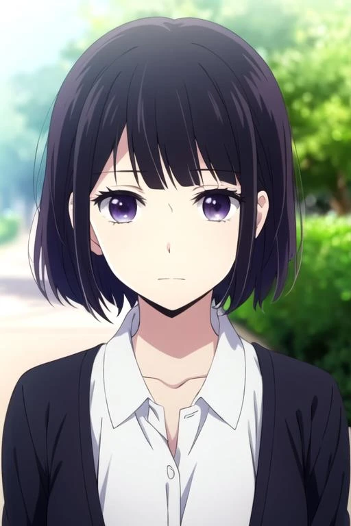 masterpiece, best quality, , 1girl, solo, looking at viewer, upper body, depth of field, anime coloring, , <lora:hanabi_yasuraoka:0.72>, hanabi_yasuraoka, black hair, purple eyes