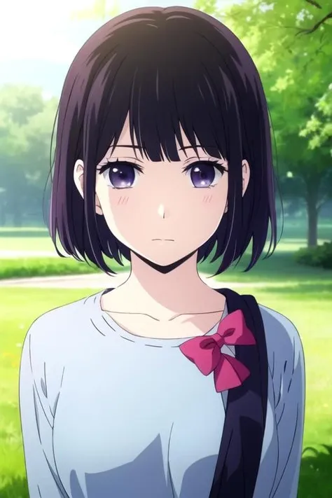 masterpiece, best quality, movie still, 1girl, solo, looking at viewer, upper body, , ligne claire, realistic, <lora:hanabi_yasuraoka:0.74>, hanabi_yasuraoka, black hair, purple eyes