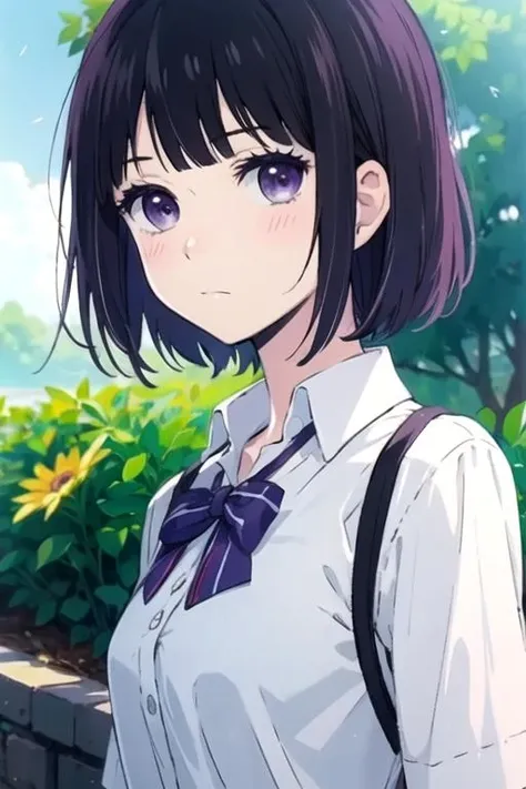 masterpiece, best quality, illustration, 1girl, solo, looking at viewer, upper body, depth of field, , , <lora:hanabi_yasuraoka:0.66>, hanabi_yasuraoka, black hair, purple eyes, , world war 2, Blu-ray