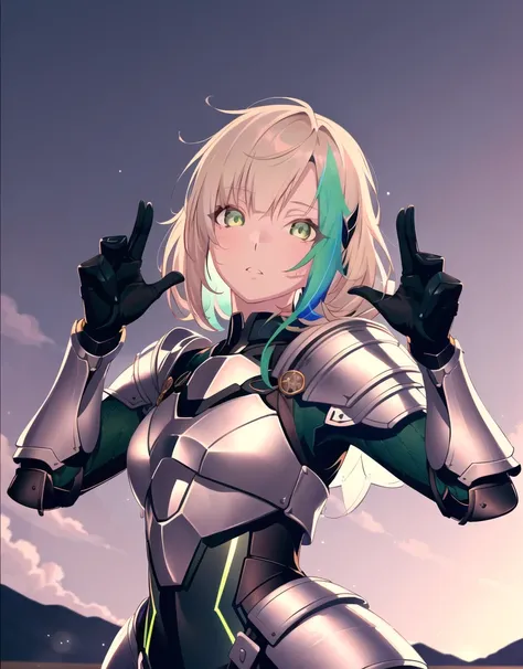 incredibly absurdres, sakuya, best quality, perfect lighting, illustration, sideways, hands up, looking at viewer, (mature greenstreaked hair)), green-hazel eyes, (afterglow:1.2), wearing (science fiction style cuisses and armored boots:1.1), outdoors and mist, finely detailed background, amazing background