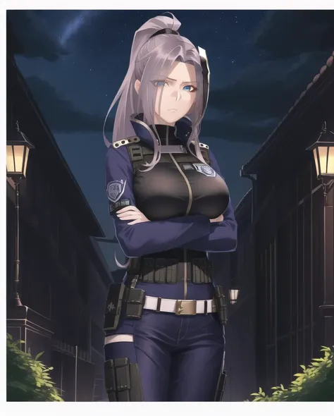 sakuya, silkpunk style, incredibly absurdres, concept art, best quality, perfect lighting, illustration, vanishing point and (arms crossed:1.1), looking at viewer, mature female character, 1girl, (bored and despair), huge breasts, dark green hair, ahoge, high ponytail, (dark blue streaked hair), retro eyes, wearing (fantasy style bulletproof vest and forehead protector:1.1), outdoors and night sky, finely detailed background, amazing background