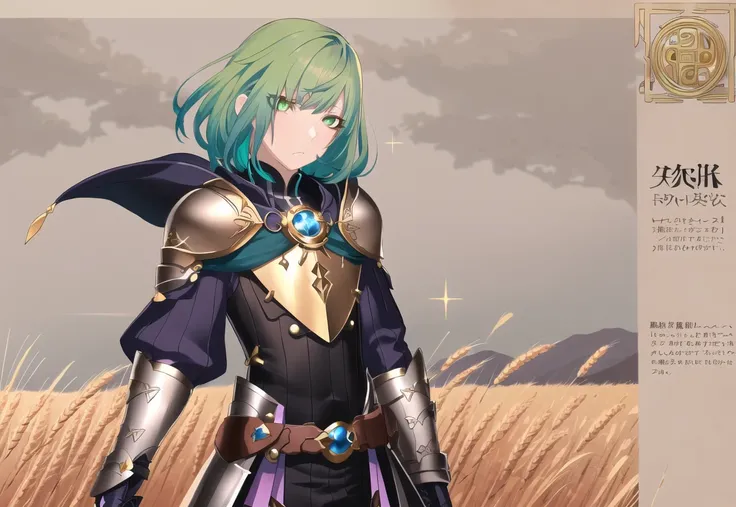 sakuya, magicpunk style, incredibly absurdres, concept art, best quality, perfect lighting, illustration, vanishing point, sitting, looking at viewer, mature male character, 1boy, (no mouth:1.3), male focus, masculine, green hair, Dyed Bangs, sparkling eyes, wearing (fantasy style crotch plate and shin guards:1.1), field of wheat, finely detailed background, amazing background
