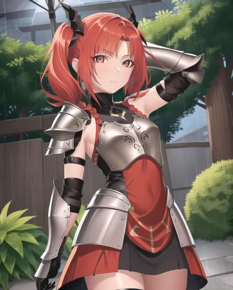sakuya, steelpunk style, incredibly absurdres, concept art, best quality, perfect lighting, illustration, dutch angle and (arms behind head:1.1), looking at viewer, young female character, 1girl, (looking at hand and seductive face), flat chest, no cleavage, light green hair and red streaked hair, wispy Bangs, low twin braids, dark red eyes, wearing (science fiction style couter and armored twintails:1.1), outdoors and rain, finely detailed background, amazing background