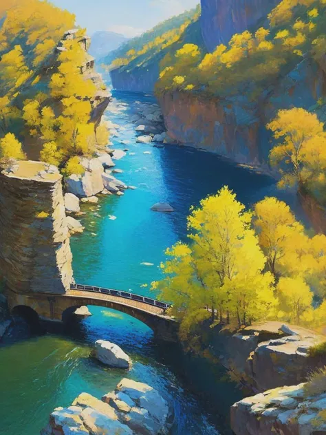 <lyco:KonstantinKorovin:1.0> river water, blue colors, with a stone bridge, oil paint, landscape, cover art, cenital view, flight view,, in the style of Craig Mullins