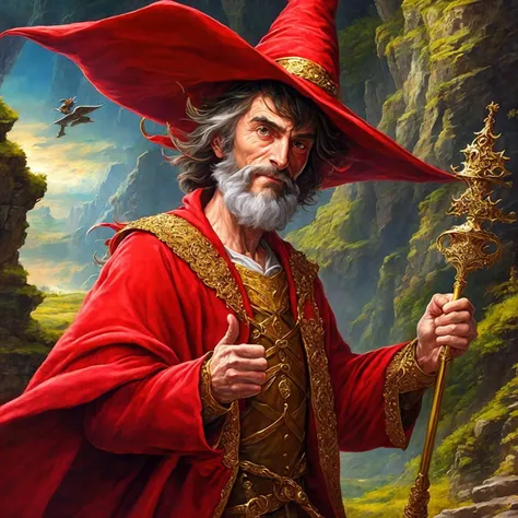 <lyco:style-josh_kirby-sd2.1_768:1.0> an award-winning painting of rincewind, the young wizard, with his large red wizard's hat and a comically oversized red robe, oil painting style, josh kirby, masterpiece, best quality, 16k, 8k, ultra highres, absurdres, highres, extremely detailed, highly detailed, intricate details