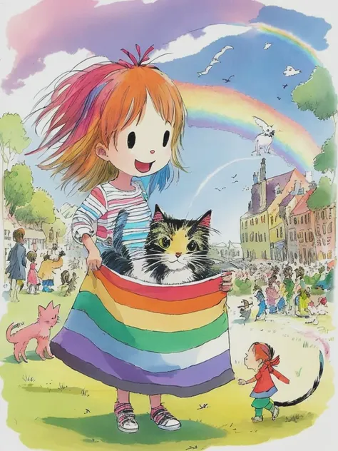 <lyco:QuentinBlake:1.0> A picture showing a small girl, Lucy, holding a multicolored striped cat, Rainbow, with surprised people in the background, by Quentin Blake.