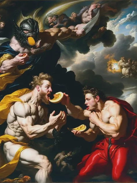 <lyco:PeterPaulRubens:1.0> peter paul rubens style. Fighting twin aliens in the air. The background is black. He has an iPhone in his hand. he is eating a banana