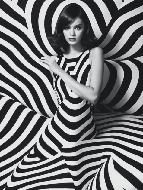 <lyco:OpArt:1.0> Op Art Fashion, black and white, optical illusions, contoured curves