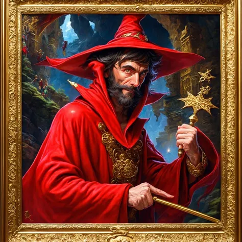 <lyco:style-josh_kirby-sd2.1_768:1.0> an award-winning painting of rincewind, the young wizard, with his large red wizard's hat and a comically oversized red robe, oil painting style, josh kirby, masterpiece, best quality, 16k, 8k, ultra highres, absurdres, highres, extremely detailed, highly detailed, intricate details