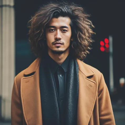 RAW portrait of a man wearing a long coat, puffy hair , in tokyo , high resolution, 4k, 50mm, photo by Brooke Shaden, portrait , natural lighting