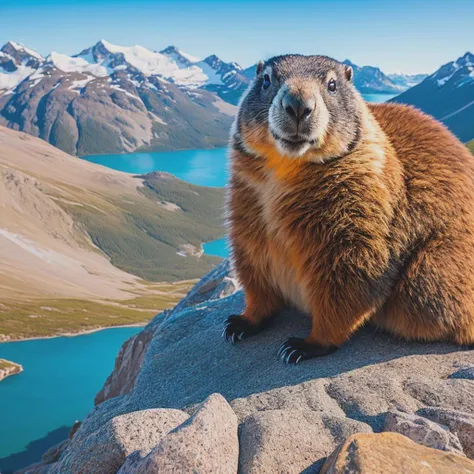 a cute fluffy chubby marmot sunbathing on a pile of rocks, snow mountains background, turquoise glacier lake afar, clear blue sky, highly detailed, golden hour, natural light, octane render, unreal engine