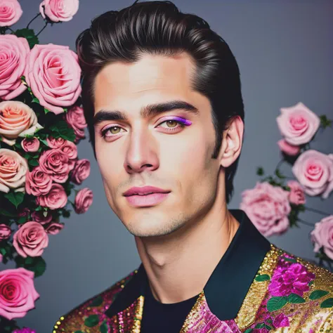 portrait of handsome man,(masterpiece, best quality:1.2), solo, portrait, analog style, bloom diffuse lighting, hard light, sony a7, 50 mm, pores, colors, hyperdetailed, hyperrealistic, radiosity, physically-based render, photon mapping, 1980s fashion, album cover, glam, flowers, blush, eyeshadow