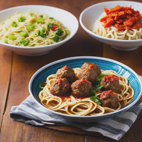 food, photography, 1 bowl of bakso meatballs and noodles food with sambal chilli spicy on wooden table, details, softfocus, realistic, blurry background