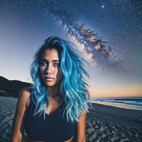 a raw photo of a woman, blue eyes, blue hair, messy hair, lean body, crop top, night beach background, starry sky, moonlight, natural shadows, natural reflections, realistic