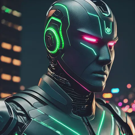 a futuristic elegant ceramic cyborg with bioluminescent clover pattern, detailed skin, detailed face, enormous war machinery, cyberpunk city background, dark, ominous, electrocuted, masterpiece, breathtaking quality, 8k resolution, insanely detailed, pexels contest winner, professional photography, high contrast, analog style, by jim burns