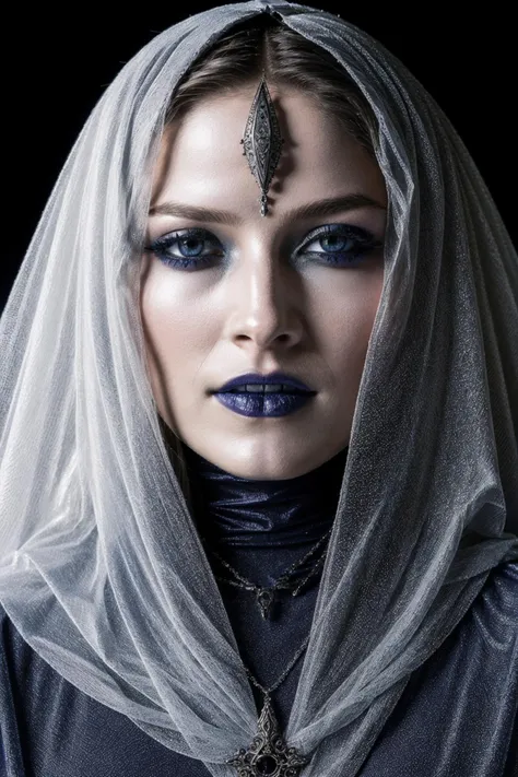 Fashionable portrait of androgynous alien looking witch wearing veil, glowing eyes, futuristic design, minimal details, givenchy, photoreal, 200mm, hd, f/ 2.0, highly detailed, surreal , drop dead, in the style of red and blue, (intricate details, hyperdetailed:1.15) (skin texture:1.2) <lora:Ali_Larter_512x768:0.85>