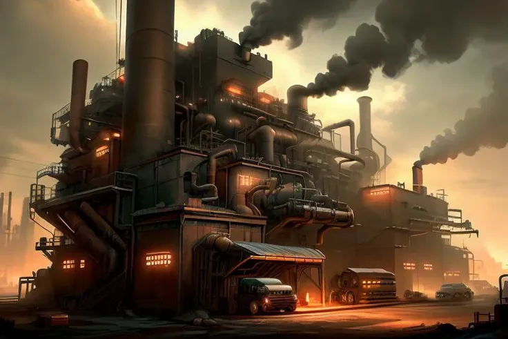 <lora:envybetterhandsLocon_alpha3:1> a factory courtyard with machines and vehicles, <lora:CoalPunkAI:1>, CoalPunkAI