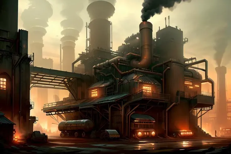 <lora:envybetterhandsLocon_alpha3:1> a factory courtyard with machines and vehicles, <lora:CoalPunkAI:1>, CoalPunkAI