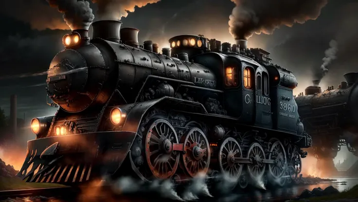 <lora:CoalPunkAI:.8> CoalPunkAI steam locomotive, lake, dark sky, detailed, intricante, ultra detailed, Hyperrealistic, sharp focus, octane render