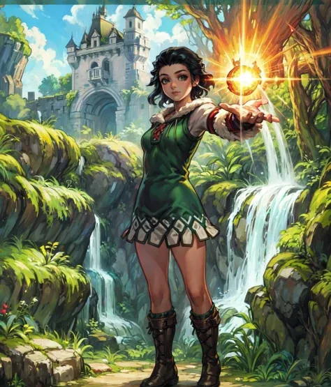 anime screencap, 1 girl, solo, black hair, short hair, green dress, hair hornament, dreadlocks, forehead, outdoors, (((castle))), arms extended, beams, solar flare, full body, cowboy shot,   <lora:Yun:1>, masterpiece, high res, detailed face, detailed eyes,