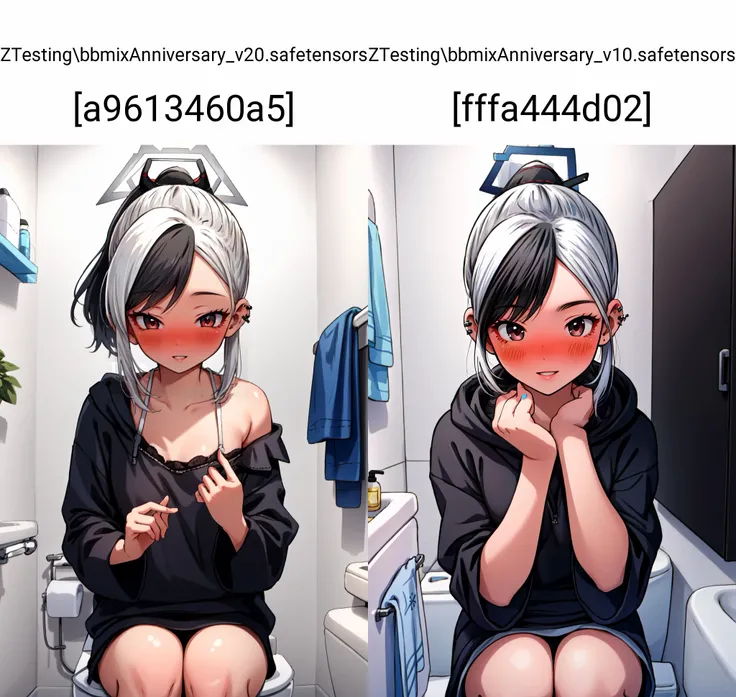 (masterpiece, best quality), intricate details,
1girl, <lora:kayoko:0.8> kayoko(blue archive), black hoodie, small breasts, red eyes, demon horn, ear piercing, multicolored hair, black hair, white hair, ponytail ,medium hair, halo,white background, looking at viewer, smile, parted parted lips, upper body,
bathroom, sitting on toilet, blushing, <lora:full-face_blushConv2D2.5e-5_BF16:0.8> <lora:hohoaka:0.8> <lora:shy:0.8> looking away,