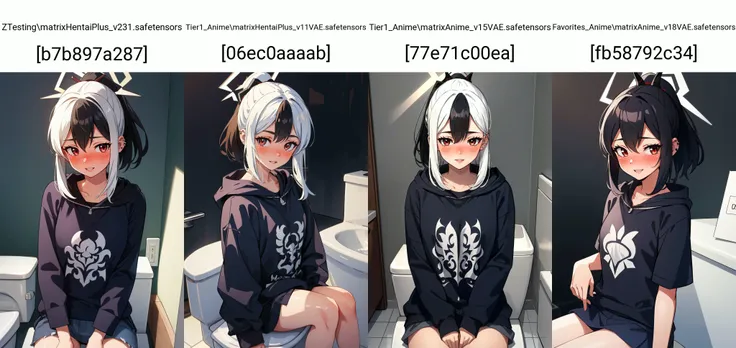 (masterpiece, best quality), intricate details,
1girl, <lora:kayoko:0.8> kayoko(blue archive), black hoodie, small breasts, red eyes, demon horn, ear piercing, multicolored hair, black hair, white hair, ponytail ,medium hair, halo,white background, looking at viewer, smile, parted parted lips, upper body,
bathroom, sitting on toilet, blushing, <lora:hohoaka:0.8> <lora:shy:0.8> looking away,