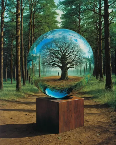 by storm thorgerson, psychedelic hyperrealistic surrealism, dreamscape, award winning masterpiece with incredible details, Trees of glass stand in a forest where light refracts in strange ways, highly detailed <lora:Storm:0.5>
