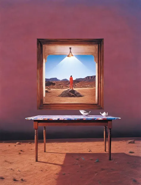 by storm thorgerson, psychedelic hyperrealistic surrealism, dreamscape, award winning masterpiece with incredible details, In the midst of the desert, you stumble upon a perfectly preserved table, its wooden surface polished to a high sheen. It stands as a lone testament to the civilization that once thrived here, highly detailed, trending on artstation <lora:Storm:1>
