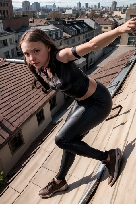 greta_thunberg girl,dynamic angles,masterpiece,(detailed),(perfect skin),brown hair,black hair,teeth,brown eyes,cosplaying as spider-Gwen,fighting Joe Biden on the roof of a building,(((full body))),(looking at viewer),(((photoshoot poses))),<lora:Greta_Thunberg_V1-000006:0.7>,<lora:more_details:0.6>,photorealistic,natural Lighting,<lora:epiCRealismHelper:1>,