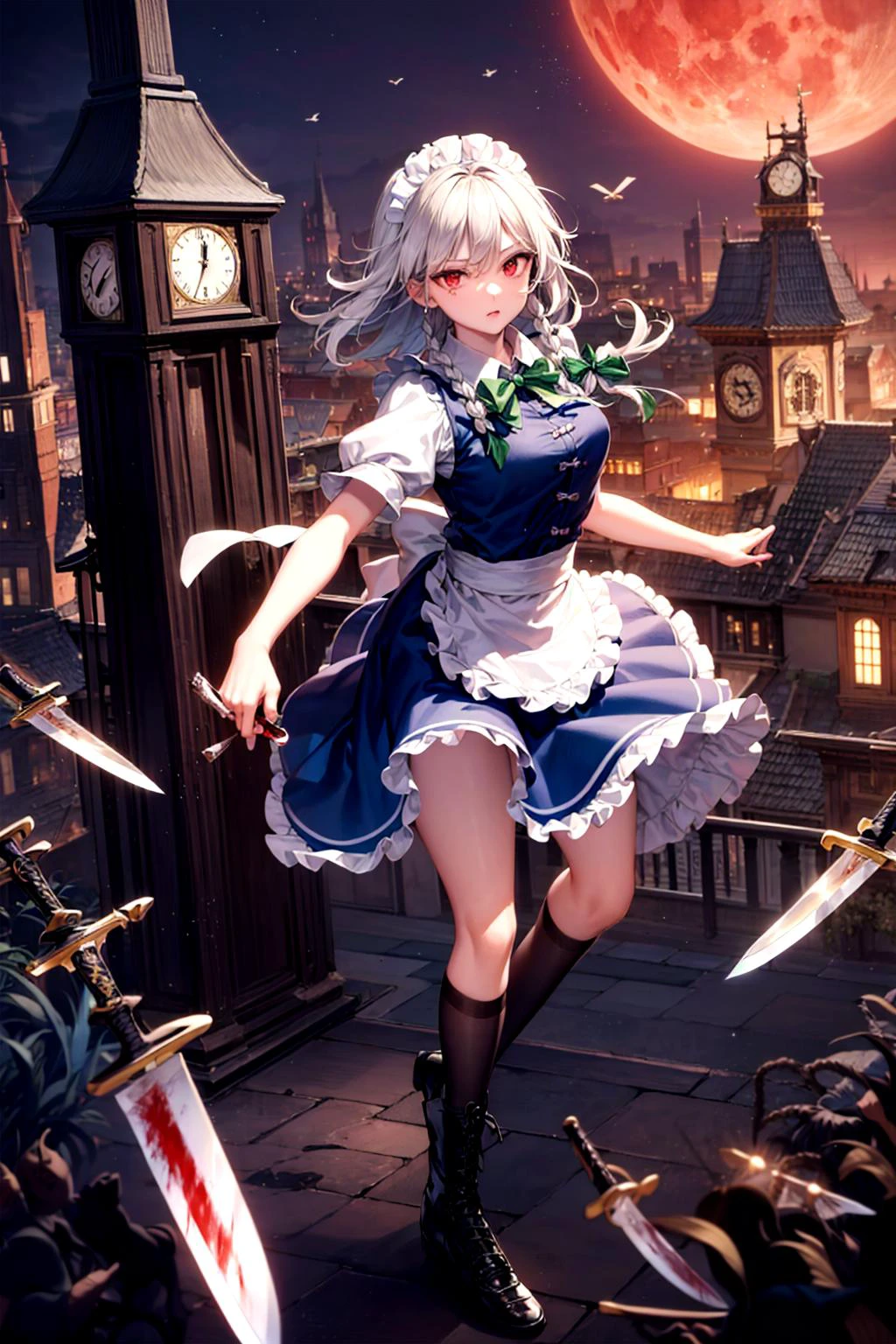 (masterpiece, detailed), beautifu lillumination, stunning artwork, beautiful atmosphere, (perfect face), (nice hands, perfect hands, good hands), epic lighting, dynamic visual effects,
1girl, full body, solo focus, (izayoi sakuya, touhou), twin braid, maid outfit, grey hair, (medium hair), maid deadress, puffy arm band, short sleeves, green bow, cross-laced footwear, earrings, lace, frill,
(floating in the sky:1.2), knives, bloods, sky, red eyes, blood covered, swaying hair, swaying clothes, windy, (multiple knives:1.6), floating hair, knives falling, (flying knives:1.6),
night, crimson sky, ((clock tower, roman numeral clock:1.2)), red moon, eyes glowing, holding knives, dynamic pose, dynamic angles,
<lora:add_detail:0.25
>
