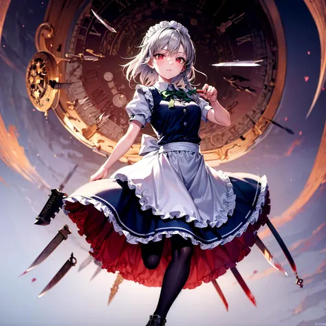 (masterpiece, detailed), beautifu lillumination, stunning artwork, beautiful atmosphere, (perfect face), (nice hands, perfect hands, good hands), epic lighting, 
1girl, full body, solo focus, (izayoi sakuya,  touhou), twin braid, maid outfit, grey hair, (medium hair), maid deadress, puffy arm band, short sleeves, green bow, cross-laced footwear, earrings, thight straps, garter, lace, frill, thighhighs,  
(floating in the sky:1.2), knives, bloods, sky, red eyes, blood covered, swaying hair, swaying clothes, windy, (multiple knives:1.2), floating hair, knives falling, (flying knives:1.2),
night, crimson sky, ((clock tower, roman numeral clock:1.2)), red moon, eyes glowing, holding knives, fighting, dynamic pose, 
 <lora:add_detail:0.5>