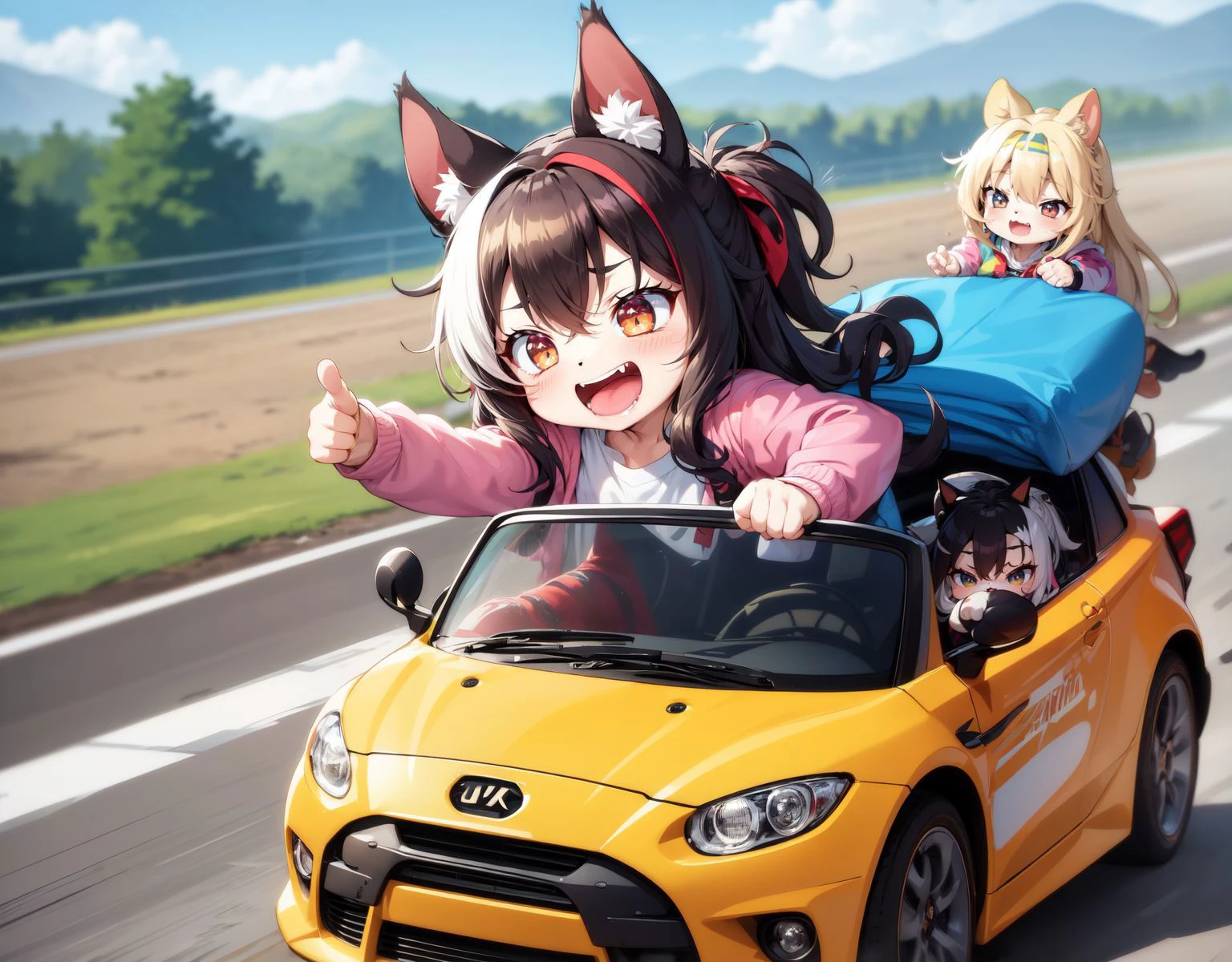 (colorful,:1.2)(dynamic,:1.2)fisheye,three-point perspective,
(day:1.2) speed lines, summer, high-resolution,cinematic lighting,
speed lines, (motion blur:1.2),
(messy,:1.2)(animal,cat:1.2)
(furry,:1.2)
highway,(driving,:1.3) ,car seat,
(6+girls,multiple girls :1.5) (god:1.1),(yukkuri shiteitte ne,:1.2) ,(:1.3)
(chibi,dwarf:1.5),(fluffy:0.9),jacket around waist,messy hair,
headband,
cat ears,
(happy)(:3),open mouth,shirt, pants,+++,^ ^white pupils, loud laughter,
thumbs up,