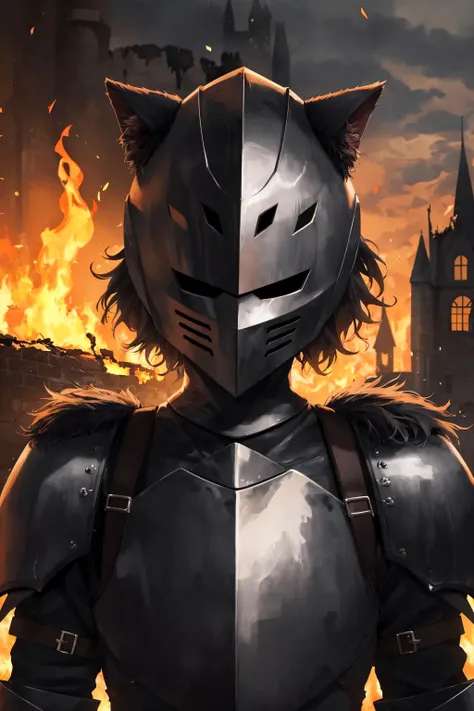 cat in armor, full armor, (helmet:1.2), crestfallen, dark knight, solo, (body fur:1.2), (best quality), sad contex, (detailed fire ruined castle background:1.2), (detailed fluffy fur:1.1),   tail, sad