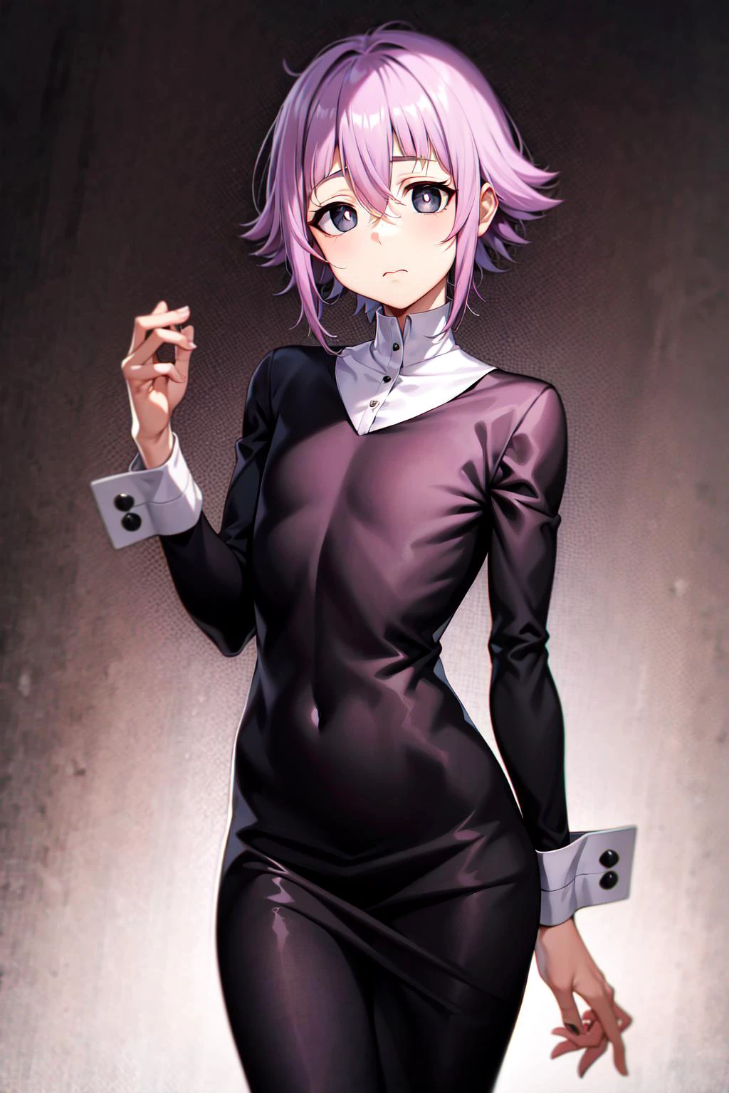 absurdres, best quality, androgynous, solo, looking at viewer, <lyco:GoodHands-beta2:1.0>, <lora:crona:0.5>, Crona, (nervous:1), (scared:0.75), (hand on own arm:0.5), cuff links, hair between eyes, black dress, purple hair, blunt bangs, closed mouth, hair flaps, long sleeves, solid circle pupils, black eyes,