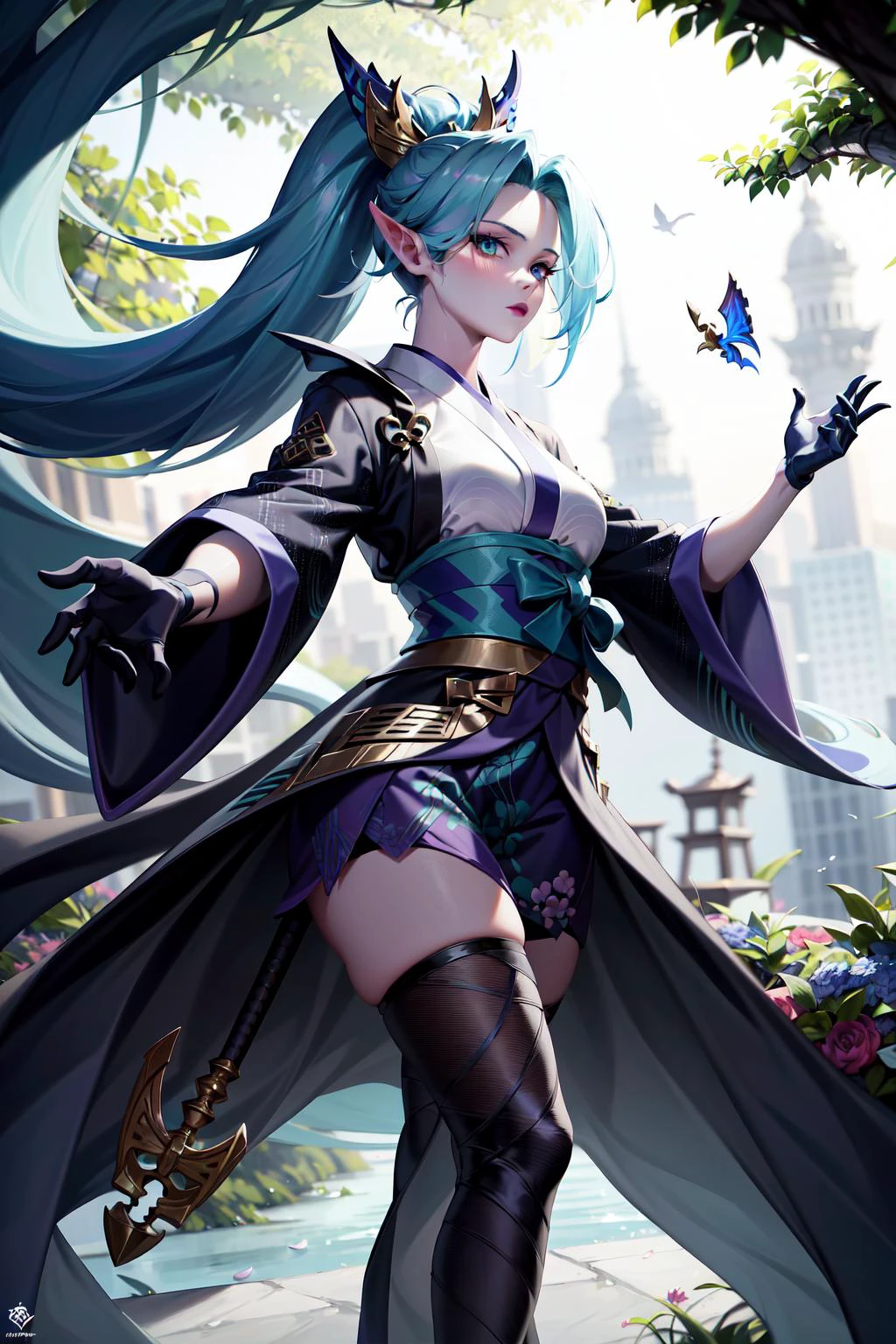 absurdres, best quality, 1girl, solo, looking at viewer, eye focus, <lyco:GoodHands-beta2:1.0>, <lora:spirit_blossom_vayne:0.8>, spirit blossom vayne, kimono, hair ornament, blue hair