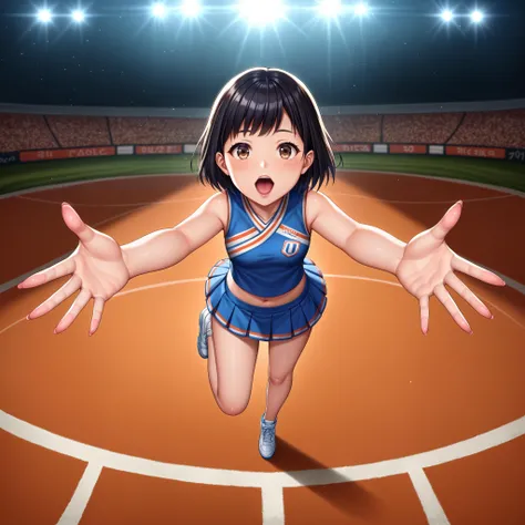 score_9, score_8_up, score_7_up, source_anime, BREAK, ((foreshortening, perspective), (from above)), (1girl, cheerleader uniform, standing on one leg, looking up, open mouth, black hair, brown eyes), (outstretched arms, reaching towards viewer, foreshortening), stadium sidelines, highres, absurdres, masterpiece, best quality, ultra-detailed, illustration,colorful, masterpiece, best quality, ray tracing, 8k, (extremely detailed), soft lighting, tracing, soft shadows, detailed face, textured skin, <lora:StS-SDXL-Foreshortening-Unet-Only:0.8>