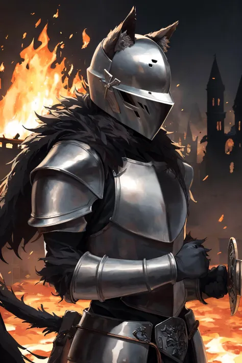 cat in armor, full armor, (helmet:1.2), crestfallen, dark knight, solo, (body fur:1.2), (best quality), sad contex, (detailed fire ruined castle background:1.2), (detailed fluffy fur:1.1),   tail, sad,sword in hand