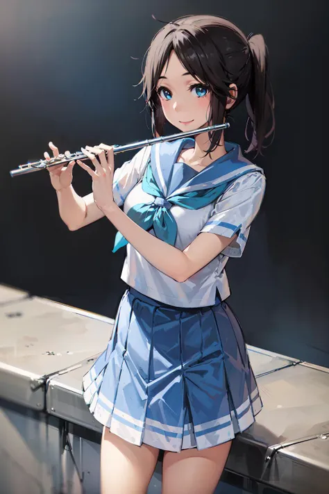 1girl, blue eyes, kitauji_high_school_uniform, short ponytail, flute, playing flute, <lora:nozomi :0.8:OUTALL> <lora:brass_flute:0.8> , white serafuku, smile,