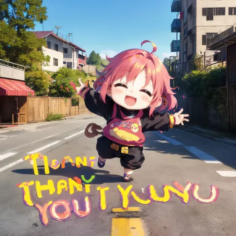 (colorful:0.9),(deailed:1.2), outline,
1girl,smile, sign , ("thank you":1.3)(&a:1.3)
(sign to road:1.1), road sign,
(grandmother:1.2)
outdoors, alley,
(1+girls,multiple_girls :1.5) (_child:1chibi,dwarf:1.3)messy_hair,,ahoge,
oversized_object,
(happy:1.2)(:3:1.2),open_mouth,suit,pants,loud_laughter,
high quality,