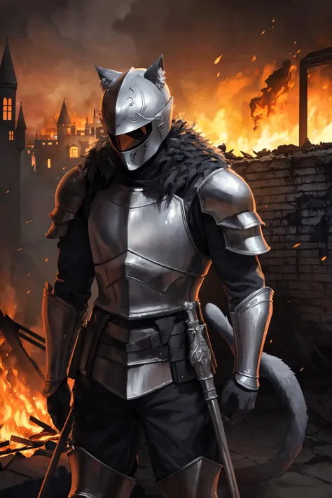 cat in armor, full armor, (helmet:1.2), crestfallen, dark knight, solo, (body fur:1.2), (best quality), sad contex, (detailed fire ruined castle background:1.2), (detailed fluffy fur:1.1),   tail, sad