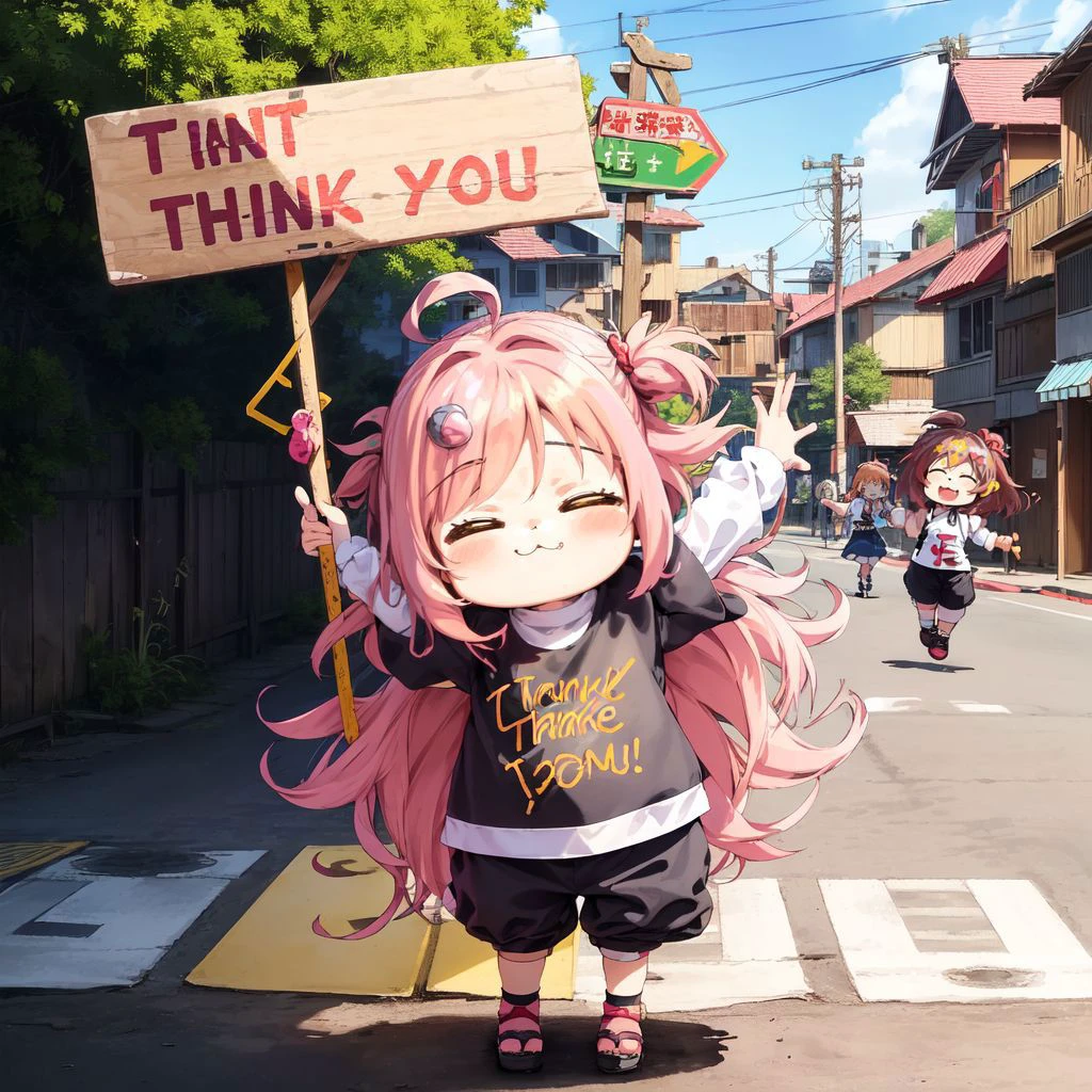 (colorful:0.9),(deailed:1.2), outline,
1girl,smile, sign , ("thank you":1.3)(&a:1.3)
(sign to road:1.1), road sign,
(grandmother:1.2)
outdoors, alley,
(1+girls,multiple_girls :1.5) (_child:1chibi,dwarf:1.3)messy_hair,,ahoge,
oversized_object,
(happy:1.2)(:3:1.2),open_mouth,suit,pants,loud_laughter,
high quality,