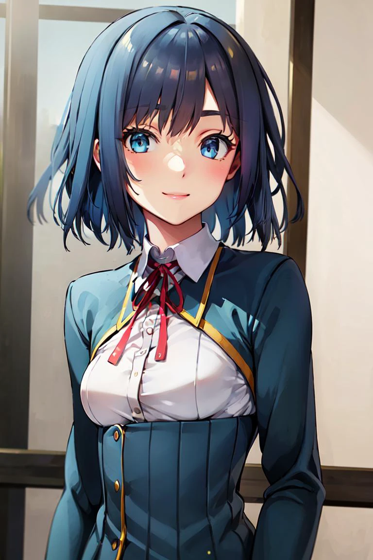 1girl, koichoco school uniform, green jacket, small breasts, breasts, (blue hair:1.2), short hair, smile , upper body, <lora:koichoco-v1:1>