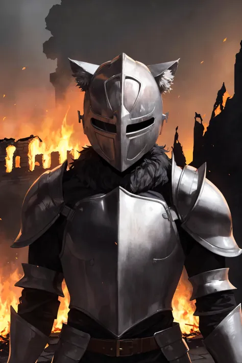 cat in armor, full armor, (helmet:1.2), crestfallen, dark knight, solo, (body fur:1.2), (best quality), sad contex, (detailed fire ruined castle background:1.2), (detailed fluffy fur:1.1),   tail, sad