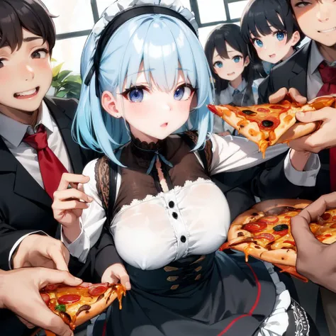 1girl,grabbing, hands, multiple hands, ,6+boys,,    <lora:fondle_by_hands_lora01:0.8> eating,(pizza,:1.2)  cafe,, (colorful:1.2)[detailed:0.5]
(round_eyes:1.1), (shiny, day,:1.4)window background, 
cute girl,
flowing lace,lace trim, 
layered skirt, layered clothes,petticoat,
[best quality::10][master piece:0.5](white_pupils:0.7)