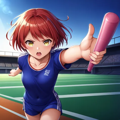 score_9, score_8_up, score_7_up, source_anime, BREAK, (foreshortening, perspective fisheye lens), (relay race), (1girl, cowboy shot, track uniform, (holding relay baton, outstretched arm, (foreshortening)) navel, collarbone, (running), sprinting), [open mouth], determined, red hair, yellow eyes, stadium, highres, absurdres, masterpiece, best quality, ultra-detailed, illustration,colorful, masterpiece, best quality, ray tracing, 8k, (extremely detailed), soft lighting, tracing, soft shadows, detailed face, textured skin, <lora:StS-SDXL-Foreshortening-Unet-Only:0.8>