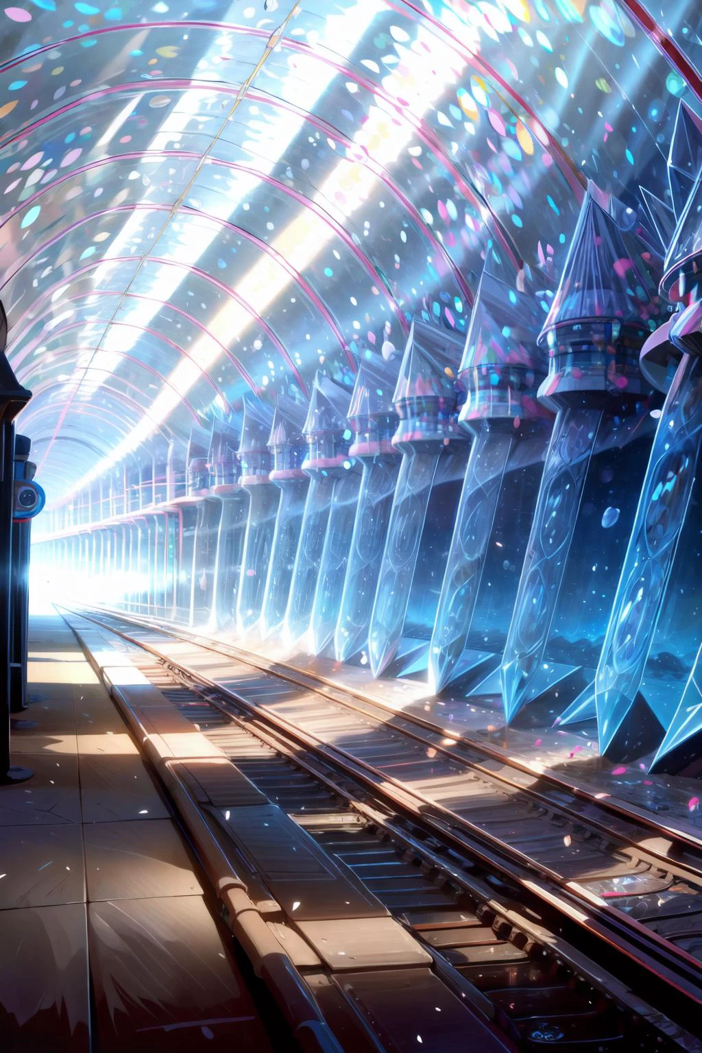 <lora:Sewer-10:1> sewer, (lighting style:1.2), train Tunnel, sky train, monorail, sky, cloud, rainbow,
<lora:CrystallineAI-000009:1> CrystallineAI, glass Tunnel, Crystalline Tunnel,
<lora:saturation:1.0> <lora:flat1:-0.6> <lora:add_brightness:0.8>